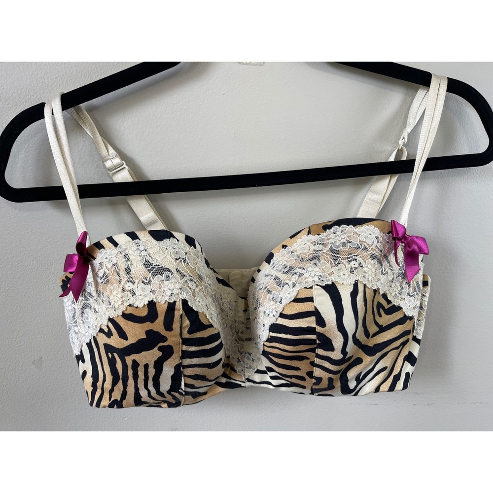 Cacique Tiger Animal Print Lace Balconette Bra Purple Bows 40DD stylish
